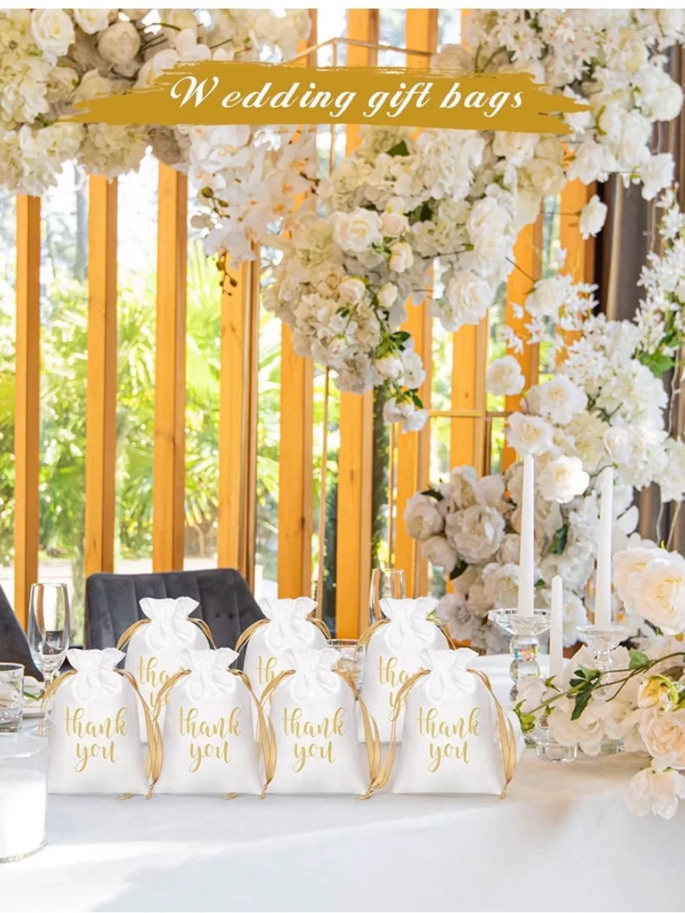 White and Gold 'Thank You' Drawstring Favor Bags - Party Supplies
